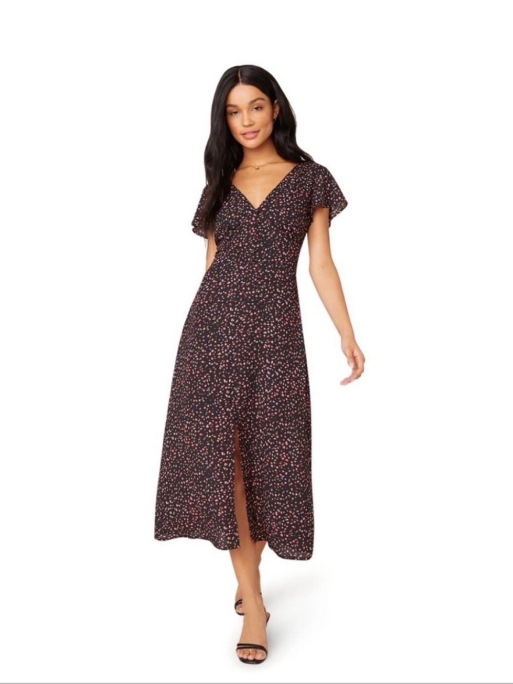 BB Dakota Heavy Petals Midi Dress Pink Confetti Black V Neck Buttoned 6